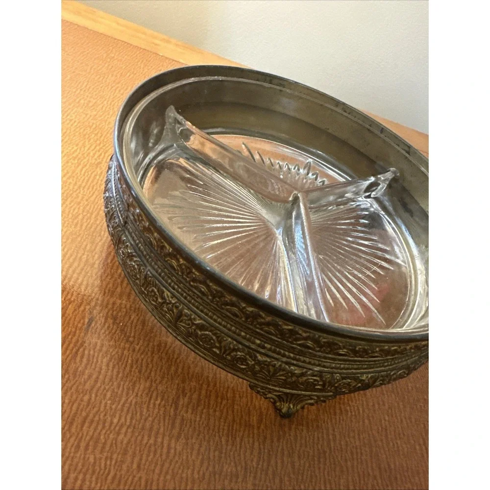 Antique Brass PNCW Triple Divided covered Trinket/Candy Dish‎